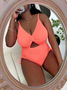 Slaydiva Plus Summer Beach Cut Out Drawstring Side One Piece Swimsuit, Bathing Suit - Orange - View 6