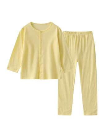 女嬰素色前紐扣T恤和褲子睡衣套裝