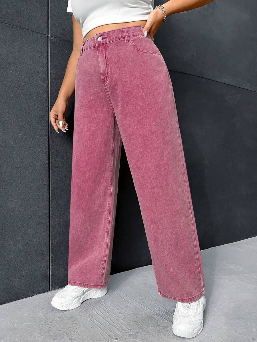 SHEIN ICON Plus High Waist Straight Leg Jeans - Pink - View 1