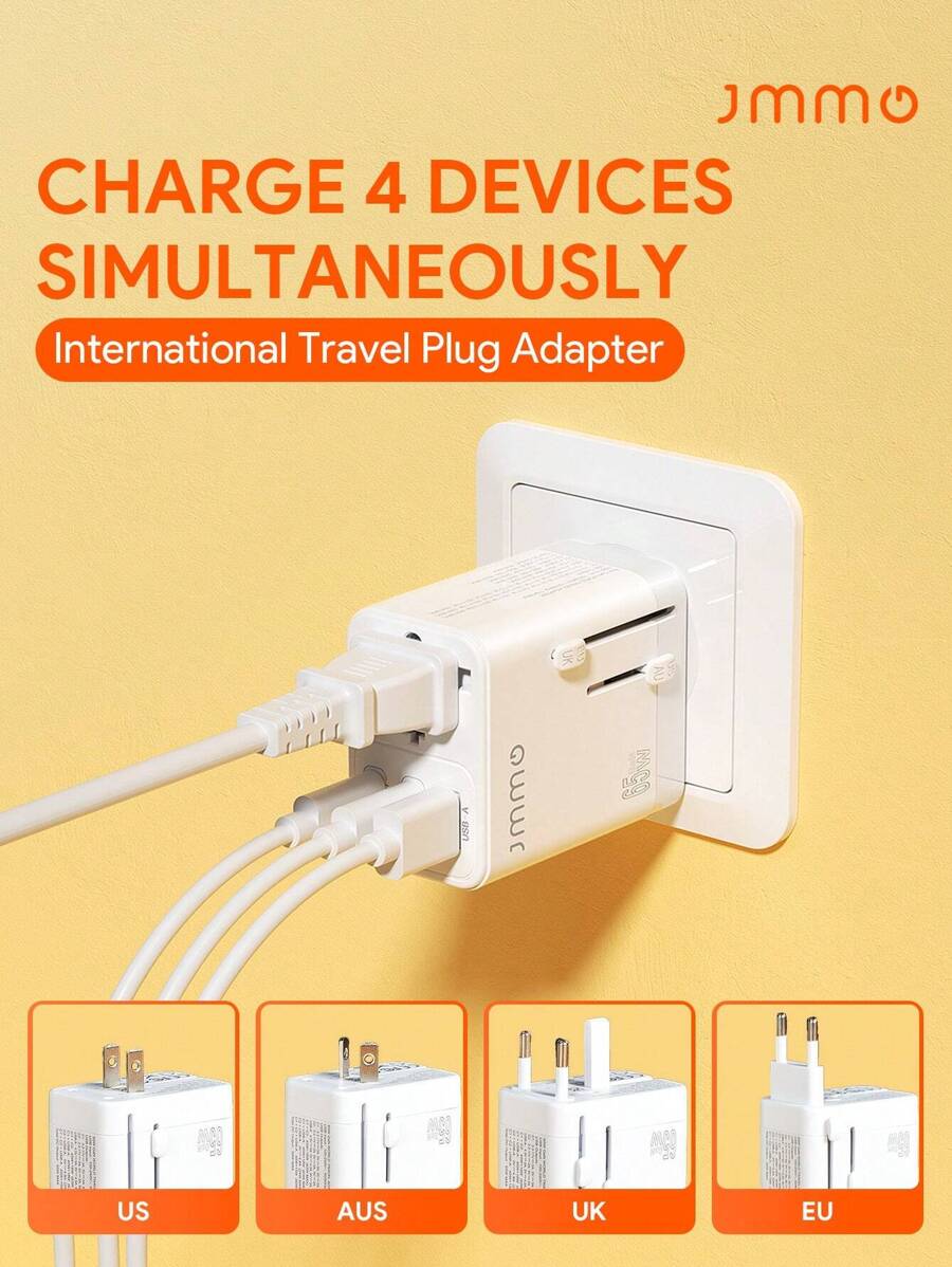 JMMO 65W GaN 国际插头适配器，通用旅行适配器，3 个 USB 接口，包括 2 个 USB-C 接口和 1 个 USB-A 接口，兼容 150 多个国家/地区，包括美国、英国、欧盟和澳大利亚 - 白色 - 查看 1