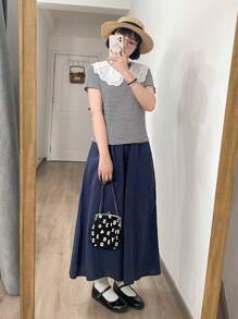 DAZY 條紋印花拼接領T恤