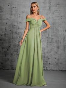 Cold Shoulder Ruched Maxi Bridesmaid Dress - Green - View 3