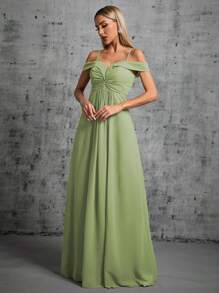 Cold Shoulder Ruched Maxi Bridesmaid Dress - Green - View 5