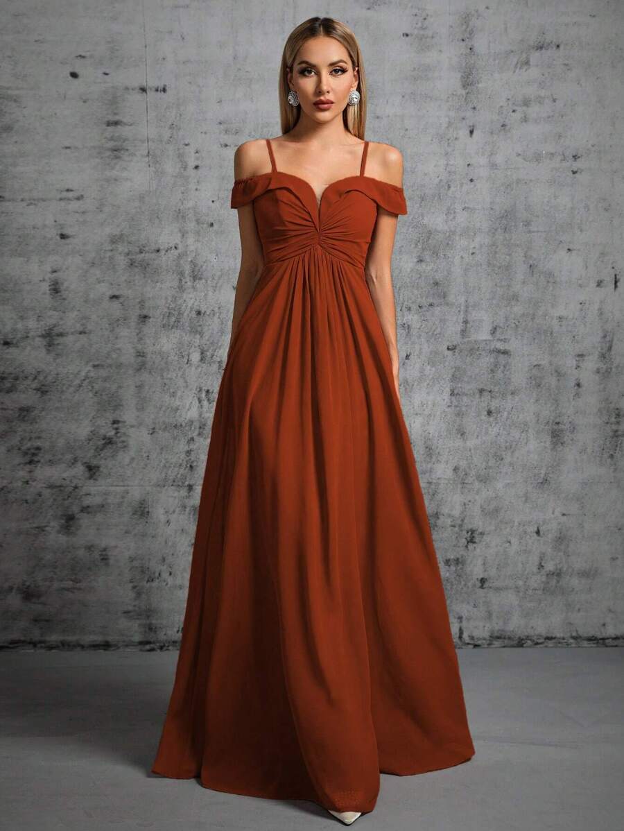 Cold Shoulder Ruched Bustier Maxi Chiffon Bridesmaid Dress - Burnt Orange - View 1