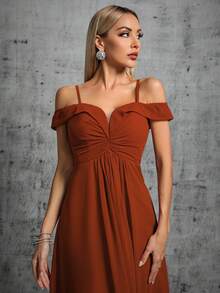 Cold Shoulder Ruched Bustier Maxi Chiffon Bridesmaid Dress - Burnt Orange - View 3
