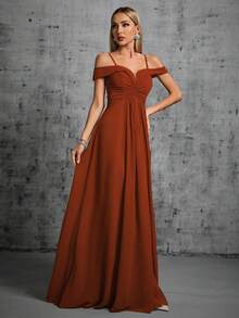 Cold Shoulder Ruched Bustier Maxi Chiffon Bridesmaid Dress - Burnt Orange - View 4