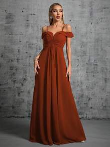 Cold Shoulder Ruched Bustier Maxi Chiffon Bridesmaid Dress - Burnt Orange - View 5