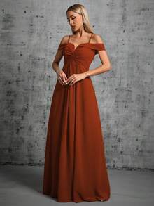 Cold Shoulder Ruched Bustier Maxi Chiffon Bridesmaid Dress - Burnt Orange - View 6