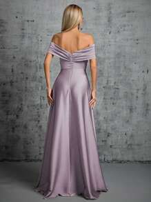1pc Off-Shoulder Ruched Satin Dress Elegant Bridesmaid Dress - Mauve Purple - View 2