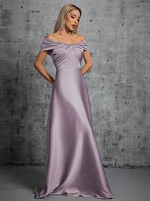 1pc Off-Shoulder Ruched Satin Dress Elegant Bridesmaid Dress - Mauve Purple - View 3