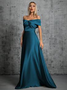 Vestido de satén con pliegues asimétricos cruzados y hombros descubiertos, vestido elegante de dama de honor - Azul - Ver 3