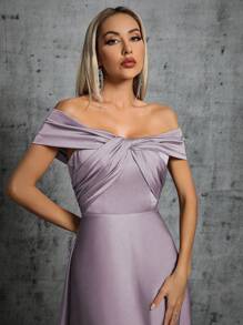 1pc Off-Shoulder Ruched Satin Dress Elegant Bridesmaid Dress - Mauve Purple - View 4