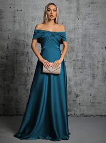 Vestido de satén con pliegues asimétricos cruzados y hombros descubiertos, vestido elegante de dama de honor - Azul - Ver 4