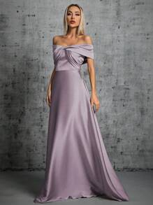 1pc Off-Shoulder Ruched Satin Dress Elegant Bridesmaid Dress - Mauve Purple - View 6