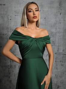 1 件扭纹褶皱缎面连衣裙优雅伴娘礼服 - 墨綠色 - 查看 5