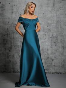 Vestido de satén con pliegues asimétricos cruzados y hombros descubiertos, vestido elegante de dama de honor - Azul - Ver 6