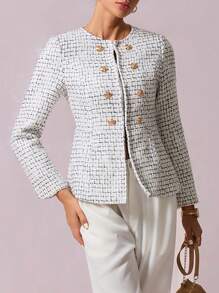 SHEIN Clasi Plaid Pattern Double Breasted Tweed Overcoat - Multicolor - View 3