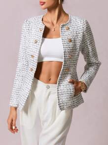 SHEIN Clasi Plaid Pattern Double Breasted Tweed Overcoat - Multicolor - View 4