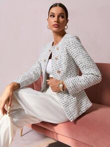 SHEIN Clasi Plaid Pattern Double Breasted Tweed Overcoat - Multicolor - View 5