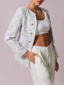 SHEIN Clasi Plaid Pattern Double Breasted Tweed Overcoat - Multicolor - View 6