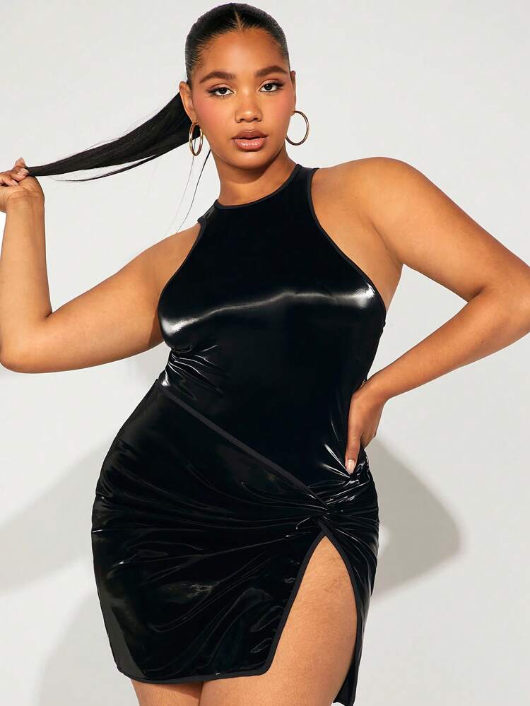 Plus Solid Halter Top & Twist Split Thigh Skirt