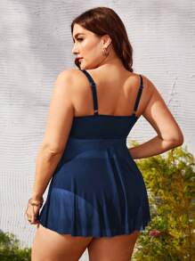 Plus Size Solid Swim Dress Summer Beach - Navy Blue - View 2