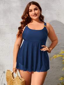 Plus Size Solid Swim Dress Summer Beach - Navy Blue - View 4