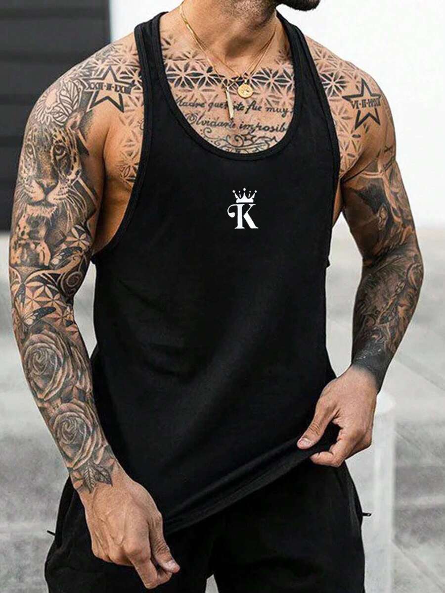 Manfinity Homme Áo thun cotton hình vương miện cho nam, áo ba lỗ không tay màu đen, quà tặng bạn trai - màu đen - Xem 1