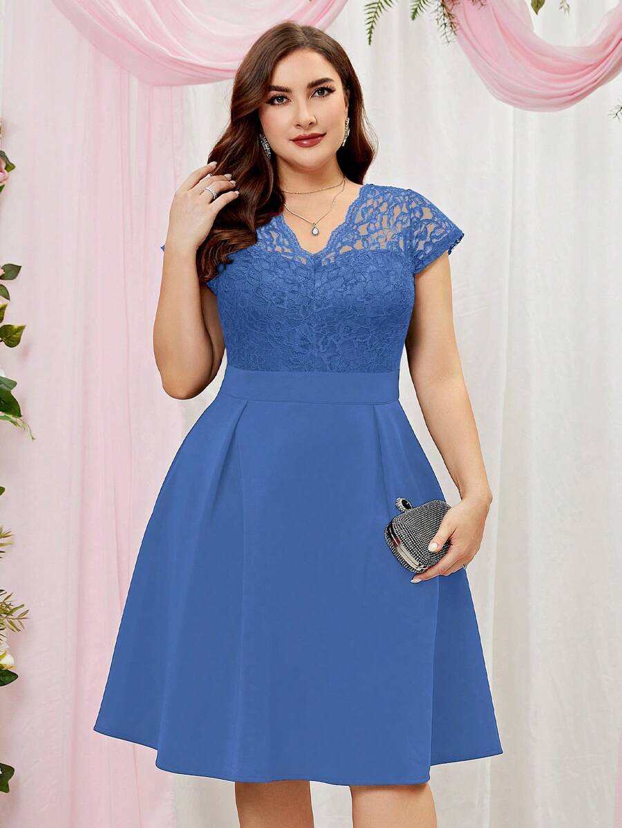 MIUSOL Hơn Chất rắn Mảnh Lace Váy lúc lắc - Màu xanh lam - Xem 1