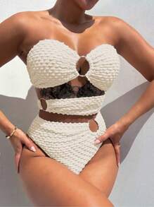 夏季环链镂空抹胸连体泳衣 - 米色 - 查看 1