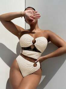 夏季环链镂空抹胸连体泳衣 - 米色 - 查看 4