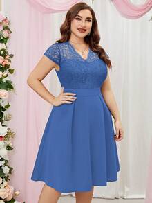 MIUSOL Hơn Chất rắn Mảnh Lace Váy lúc lắc - Màu xanh lam - Xem 3