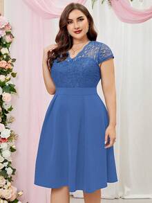 MIUSOL Hơn Chất rắn Mảnh Lace Váy lúc lắc - Màu xanh lam - Xem 4