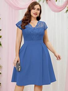 MIUSOL Hơn Chất rắn Mảnh Lace Váy lúc lắc - Màu xanh lam - Xem 6