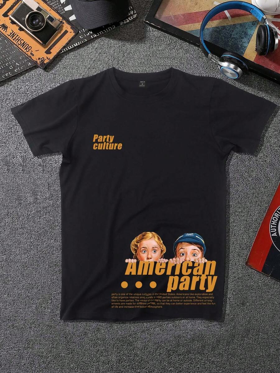 Manfinity Roghcode 男士T恤合身的圓領短袖圖形T恤，休閒夏季穿著 - 黑色 - 查看 1