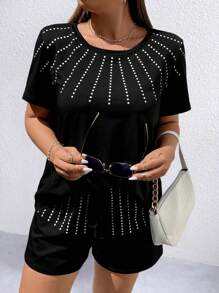 SHEIN LUNE Plus Polka Dot Print Tee & Shorts - Black - View 3