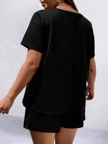 SHEIN LUNE Plus Polka Dot Print Tee & Shorts - Black - View 2