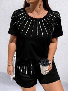 SHEIN LUNE Plus Polka Dot Print Tee & Shorts - Black - View 4