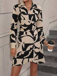 SHEIN LUNE Allover Print Ruched Shirt Dress