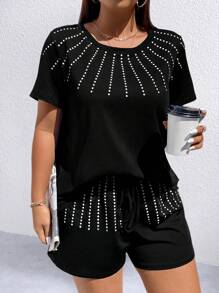 SHEIN LUNE Plus Polka Dot Print Tee & Shorts - Black - View 5