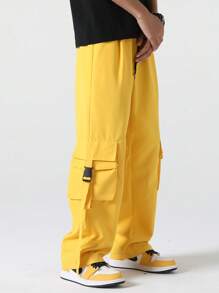Manfinity Hypemode Men Flap Pocket Side Drawstring Waist Cargo Trousers - Yellow - View 4
