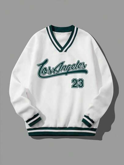 Guys Letter Graphic Striped Trim Thermal Lined Sweatshirt