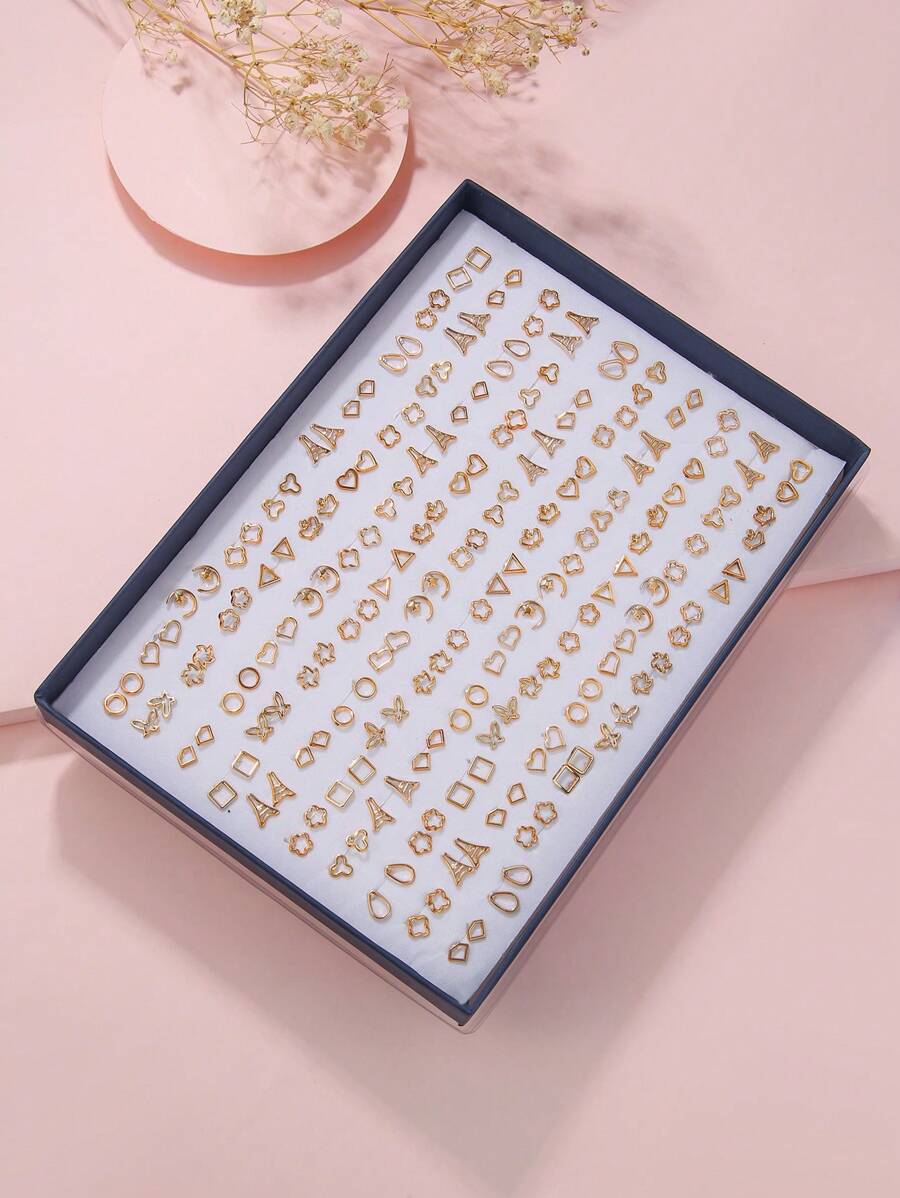 RINTOLER 100對/套隨機心和蝴蝶結設計耳釘適用於女士日常裝飾 - 金色 - 查看 1