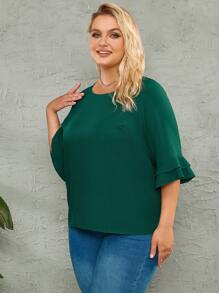 大碼素色荷葉袖襯衫 - 綠色 - 查看 1