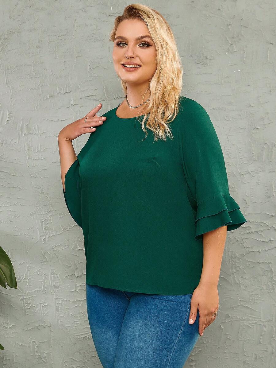 大碼素色荷葉袖襯衫 - 綠色 - 查看 1