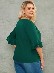 大碼素色荷葉袖襯衫 - 綠色 - 查看 2