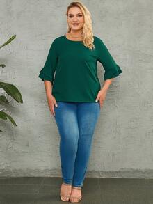 大碼素色荷葉袖襯衫 - 綠色 - 查看 3