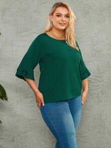 大碼素色荷葉袖襯衫 - 綠色 - 查看 6