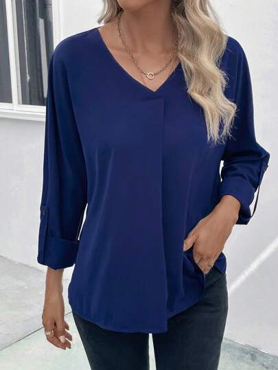 SHEIN LUNE 素色捲邊袖V領襯衫