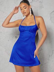 SHEIN BAE Vestido de tirantes con diamante de imitación con diseño de cadena de espalda abierta de satén - azul real - Ver 2